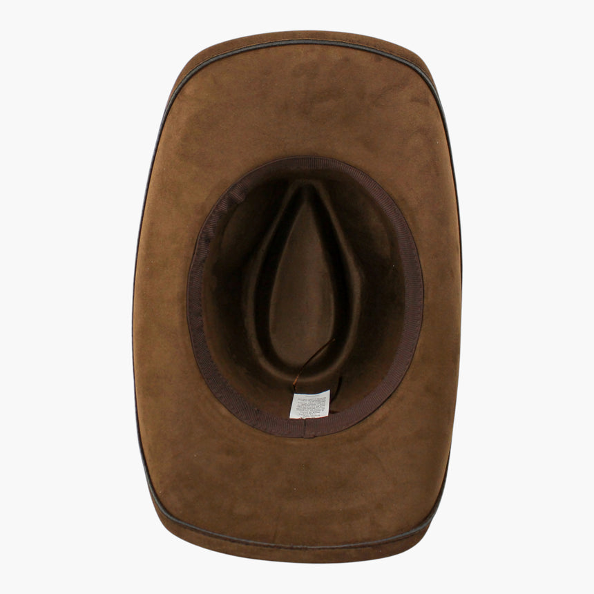 Plaque-Band Faux-Suede Western hat, underside showing the brown grosgrain sweatband and the adjuster cord