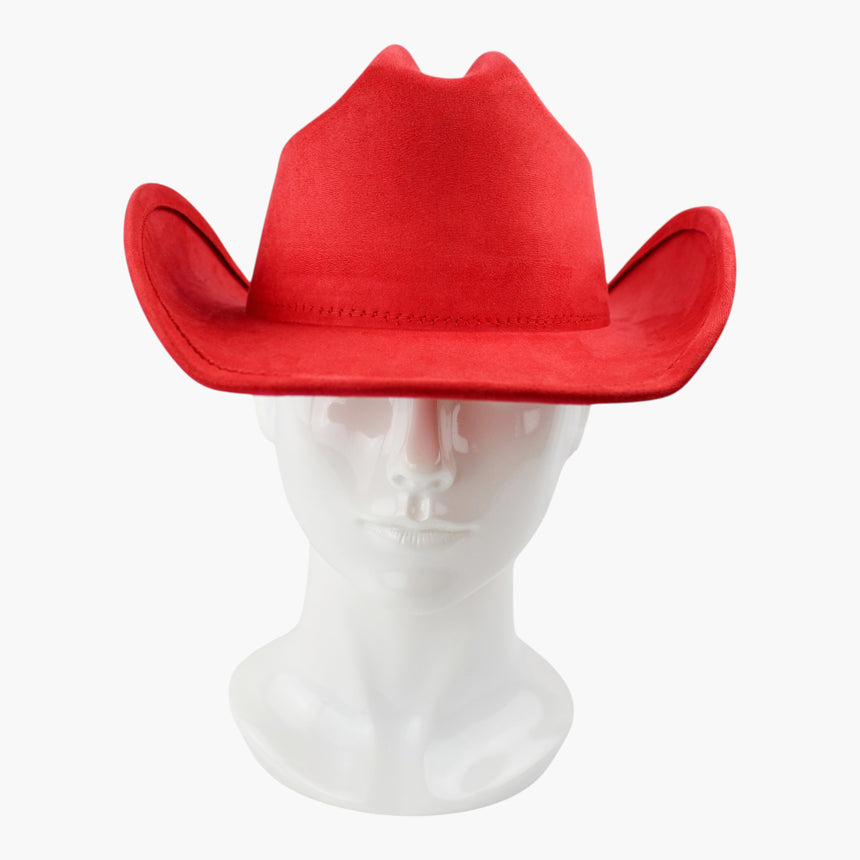 Red Faux-Suede Western hat, front view showing the cattleman crease with both brim sides sweeping up evenly