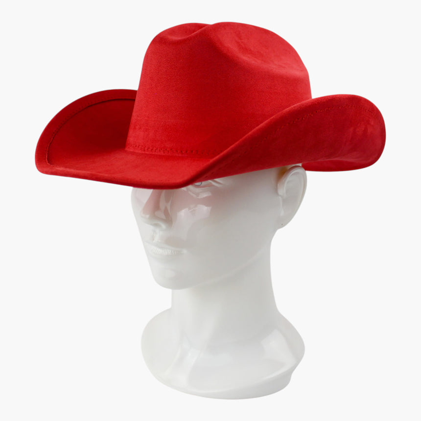 Red Faux-Suede Western hat, at a three-quarter angle showing the near brim edge rising as the crown turns away