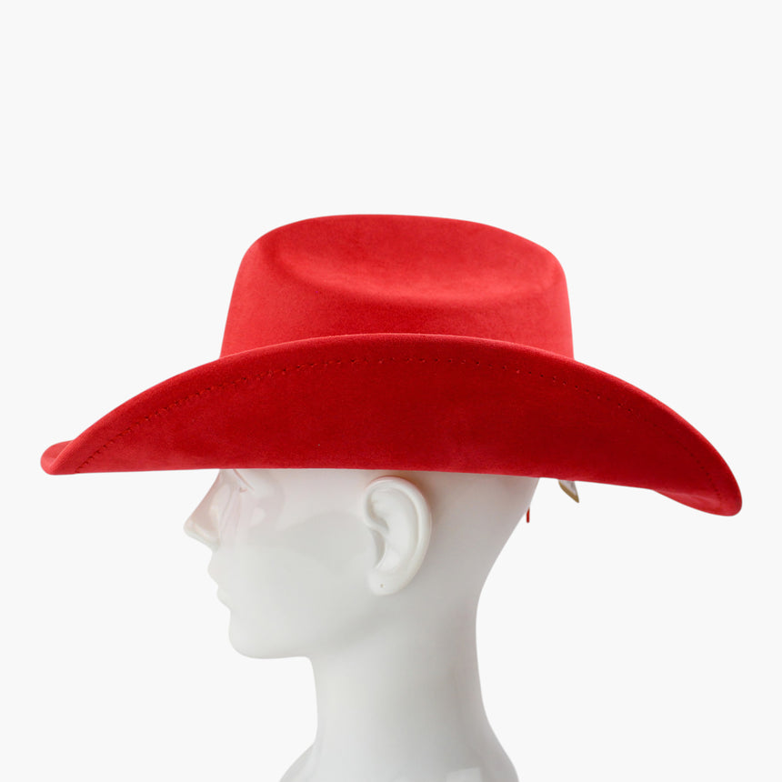 Red Faux-Suede Western hat, in profile showing the adjuster cord tucked behind the brim at the back of the head