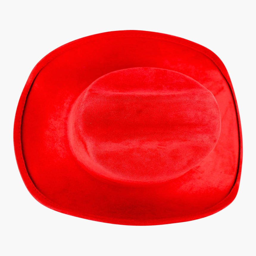 Red Faux-Suede Western hat, seen from above showing the crown crease reading as one long channel from above