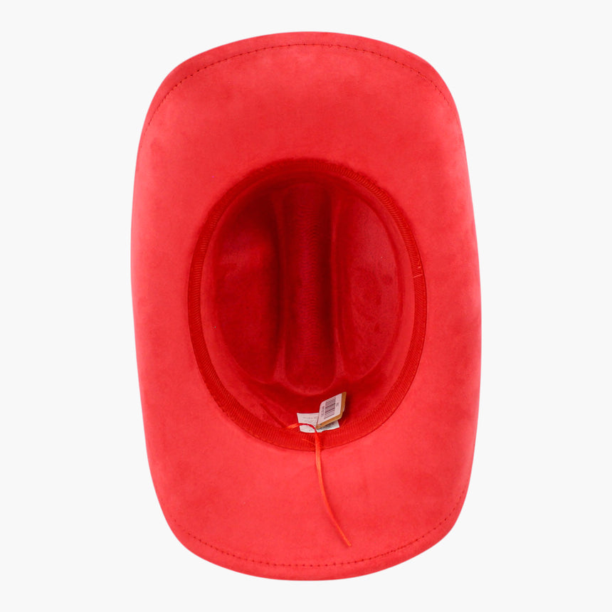 Red Faux-Suede Western hat, underside showing the sweatband seam and the adjuster cord running out at the back