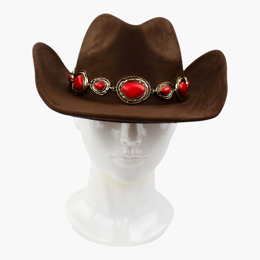 Red-Teardrop Faux-Suede Western hat, front view of the Brown colorway showing the centered teardrop cabochon
