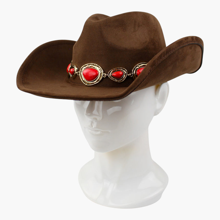 Red-Teardrop Faux-Suede Western hat, Brown colorway at a three-quarter angle showing the links carrying the band around