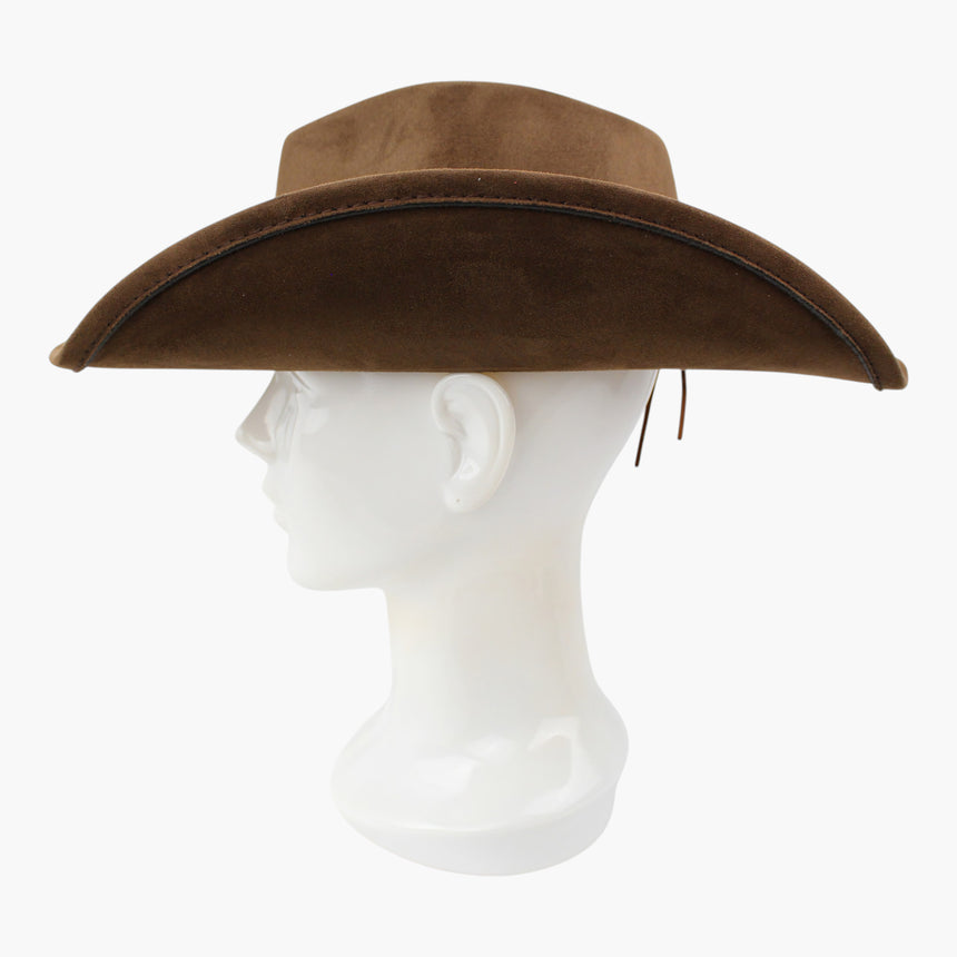 Red-Teardrop Faux-Suede Western hat, Brown colorway in profile showing the curled brim and its topstitched edge