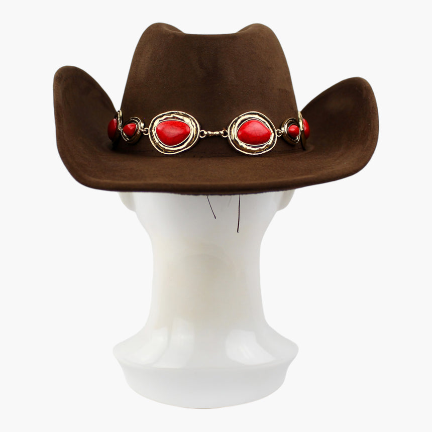 Red-Teardrop Faux-Suede Western hat, back view of the Brown colorway showing the plain bar link where the band closes