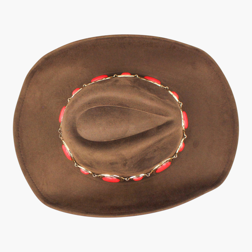 Red-Teardrop Faux-Suede Western hat, Brown colorway seen from above showing the crease and the full ring of cabochons