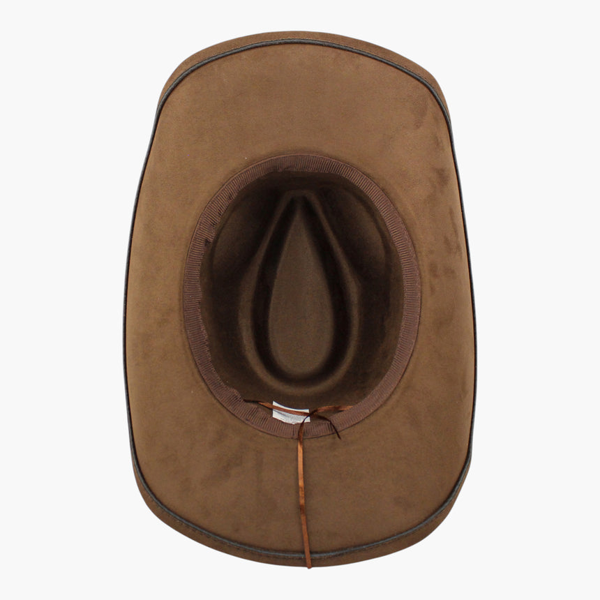 Red-Teardrop Faux-Suede Western hat, underside of the Brown colorway showing the sweatband ringing the crown opening