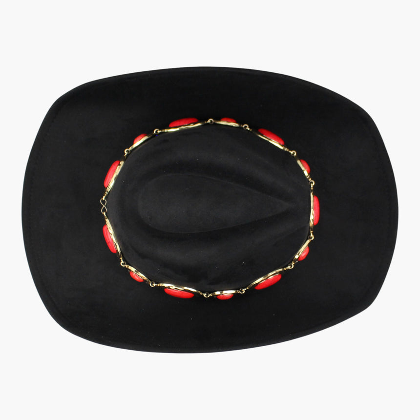 Red-Teardrop Faux-Suede Western hat, Black colorway seen from above showing the side dents pressed into the crown