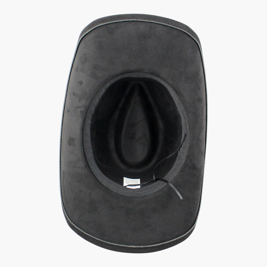 Red-Teardrop Faux-Suede Western hat, underside of the Black colorway showing the adjuster cord tied at the sweatband