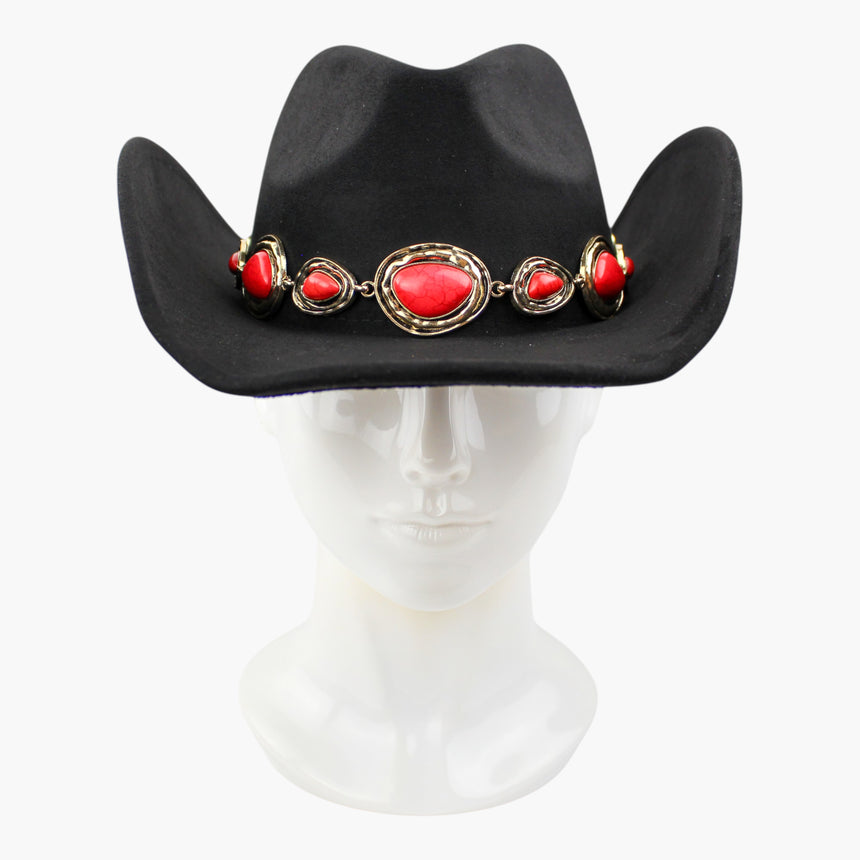 Red-Teardrop Faux-Suede Western hat, front view of the Black colorway showing the hammered bezel at center front