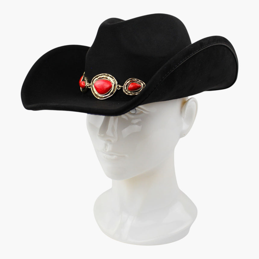 Red-Teardrop Faux-Suede Western hat, Black colorway at a three-quarter angle showing the graduated cabochons toward the side