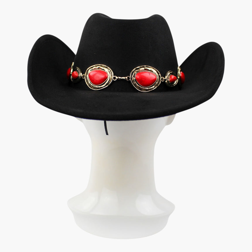 Red-Teardrop Faux-Suede Western hat, back view of the Black colorway showing the cord tail hanging below the band