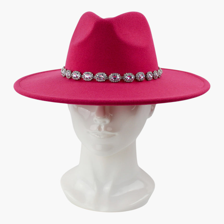 Rhinestone-Chain Felt Fedora hat, front view showing the rhinestone chain running unbroken across the crown base