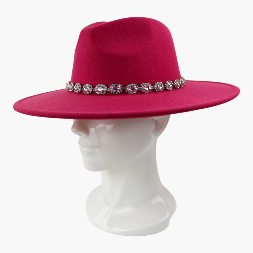 Rhinestone-Chain Felt Fedora hat, at a three-quarter angle showing the chain following the crown base toward the back