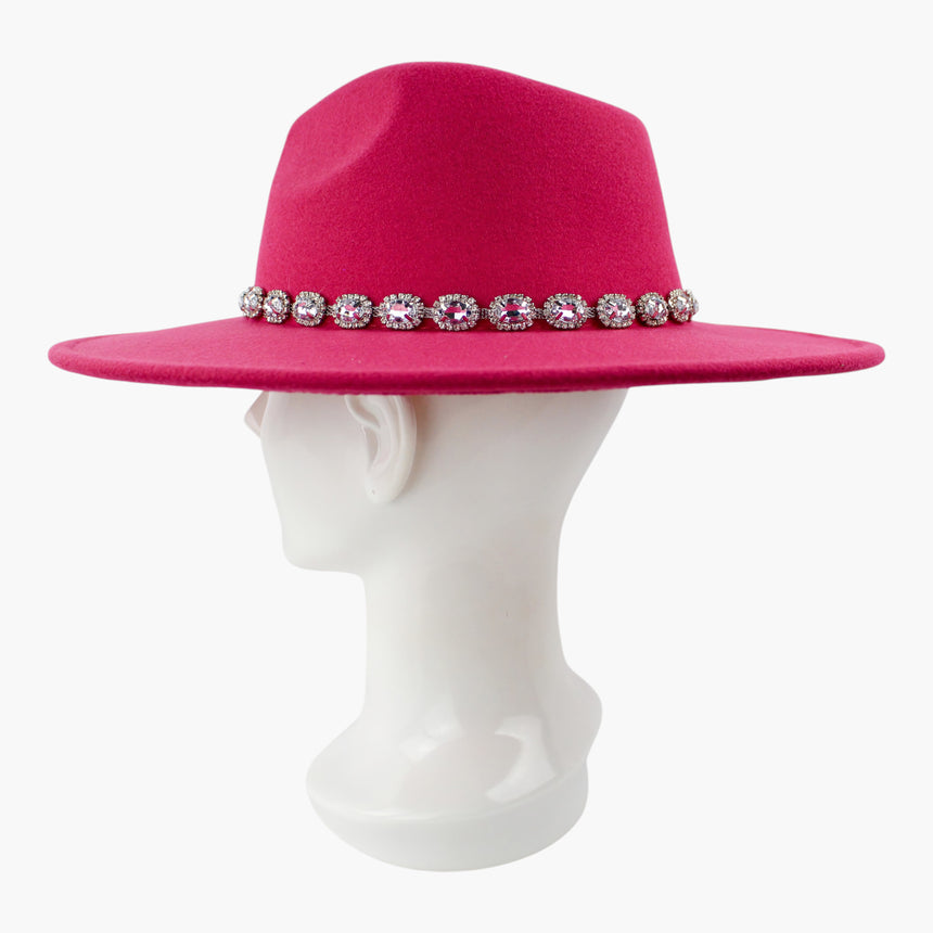 Rhinestone-Chain Felt Fedora hat, in profile showing the flat brim edge with the rhinestones evenly spaced