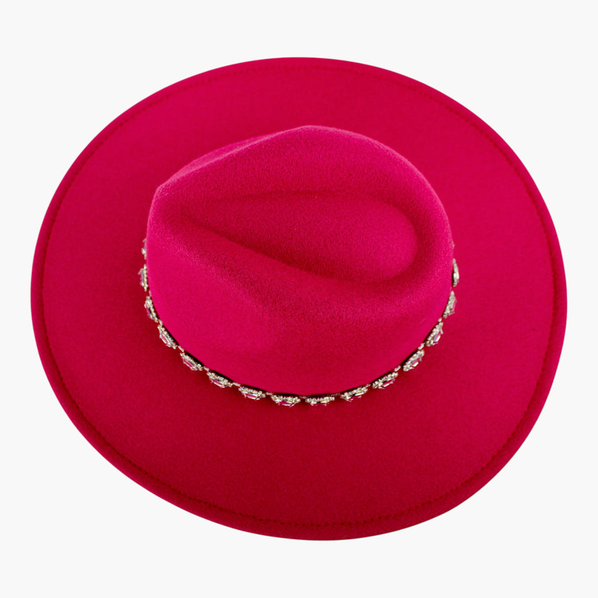 Rhinestone-Chain Felt Fedora hat, seen from above showing the pinch-front crease and its two side dents