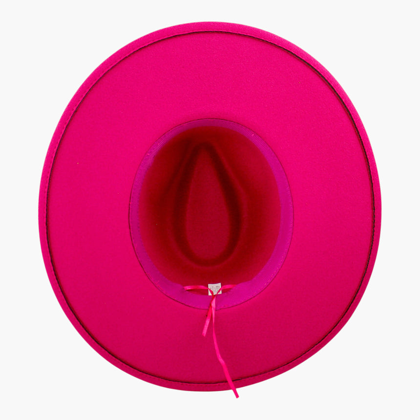 Rhinestone-Chain Felt Fedora hat, underside showing the tonal grosgrain sweatband and the adjuster cord