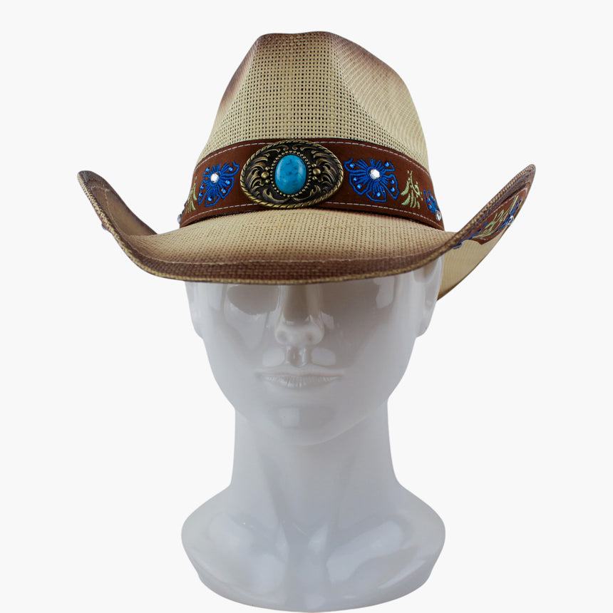 Rhinestone-Floral Straw Western hat, front view showing the ornate bronze-tone concho
