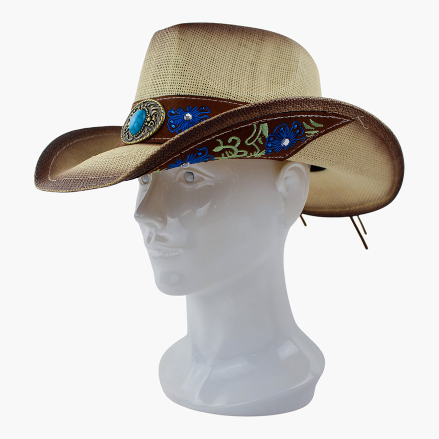 Rhinestone-Floral Straw Western hat, at a three-quarter angle showing blue floral clusters and rhinestones along the band