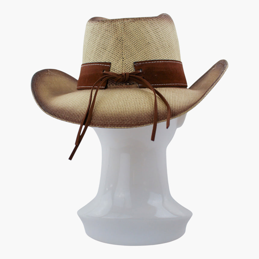 Rhinestone-Floral Straw Western hat, back view showing the white saddle stitching and the tie bow