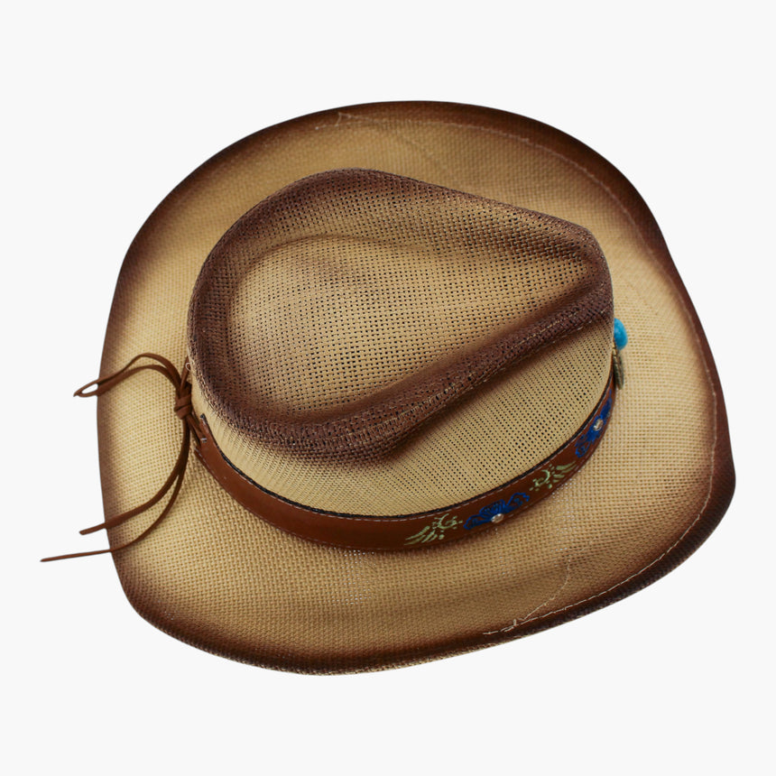 Rhinestone-Floral Straw Western hat, seen from above showing the crease with the band tie tails behind