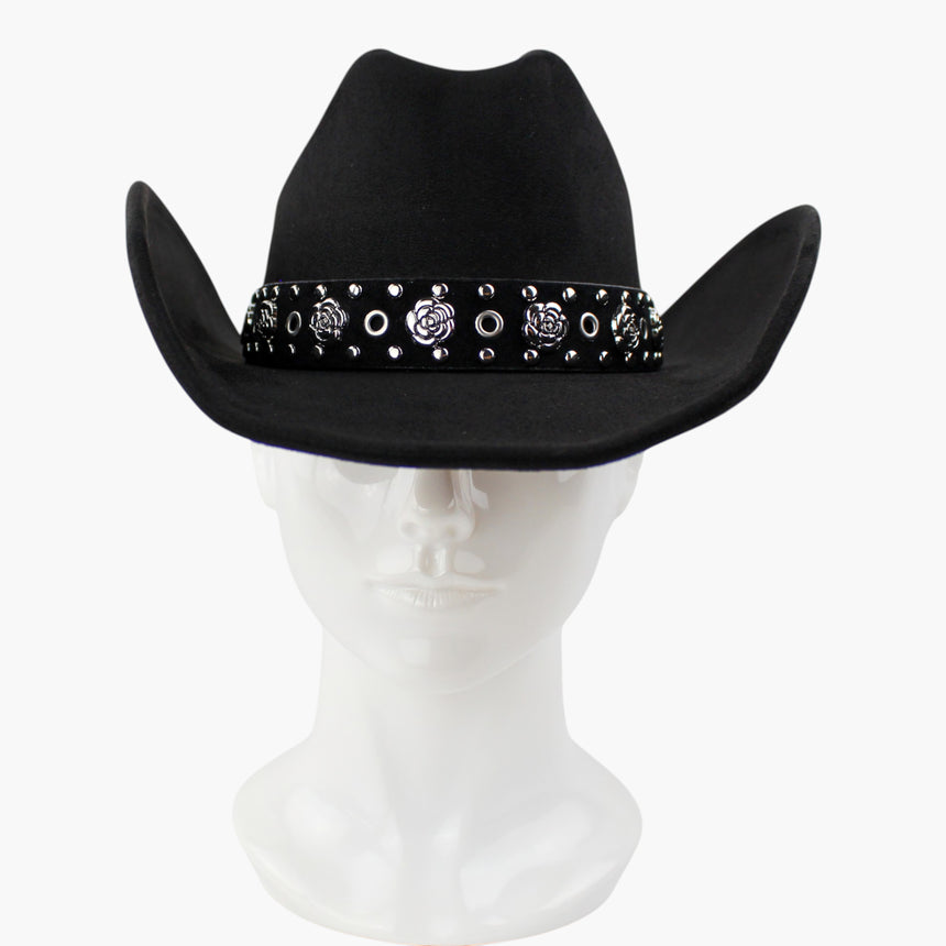 Rose-Applique Faux-Suede Western hat, front view of the Black colorway showing the rose appliques set between open grommets