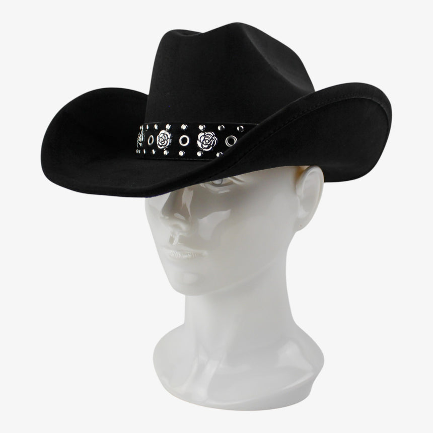 Rose-Applique Faux-Suede Western hat, Black colorway at a three-quarter angle showing the dome studs edging the strap