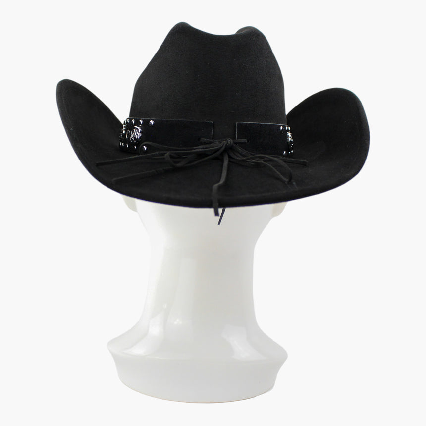 Rose-Applique Faux-Suede Western hat, back view of the Black colorway showing the tie cord bowed between the two strap ends