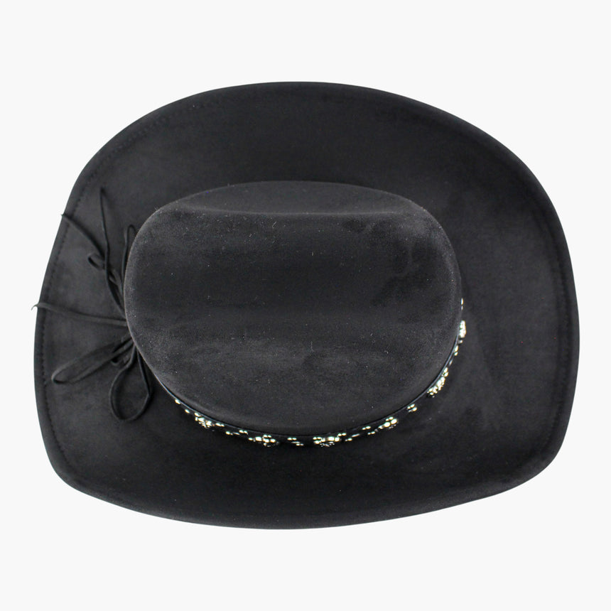 Rose-Applique Faux-Suede Western hat, Black colorway seen from above showing the tie cord loops lying across the brim