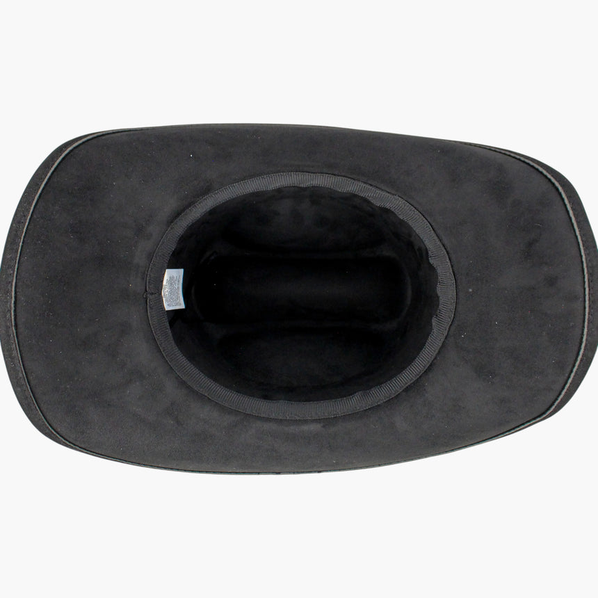Rose-Applique Faux-Suede Western hat, underside of the Black colorway showing the sweatband ring and the plain interior crown