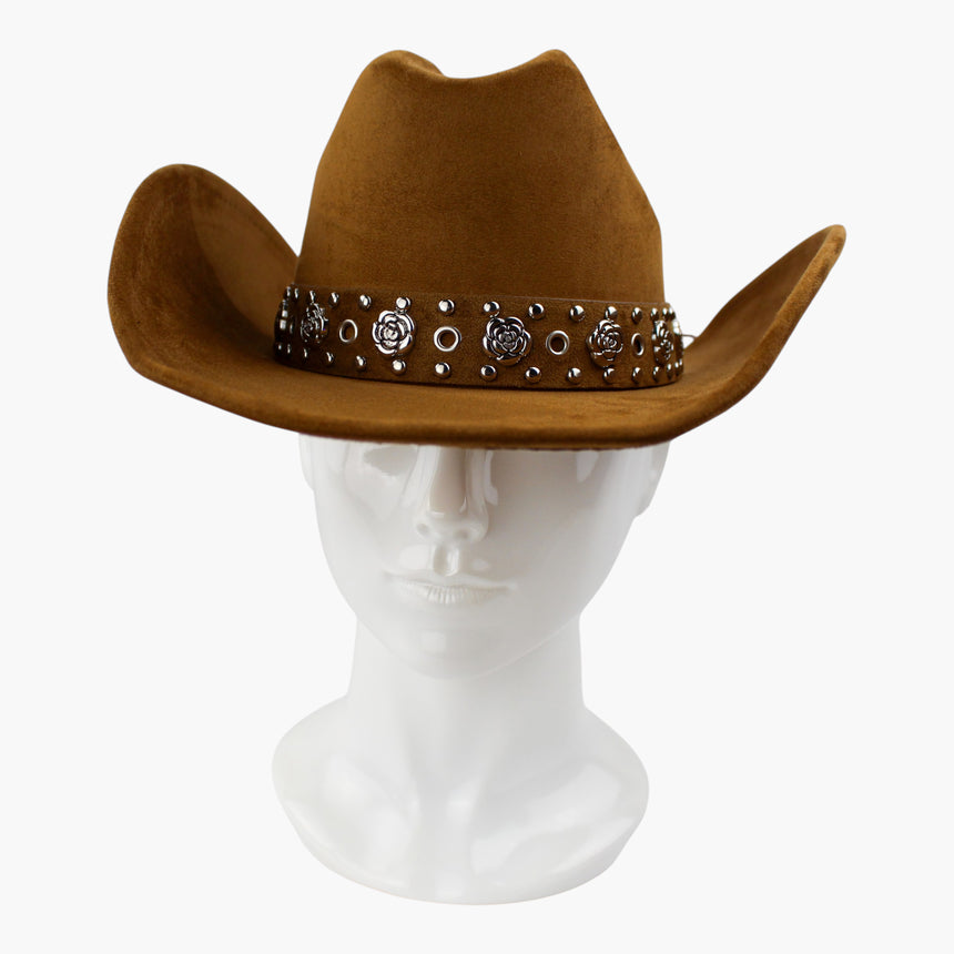 Rose-Applique Faux-Suede Western hat, front view of the Camel colorway showing the roses and grommets against the camel body