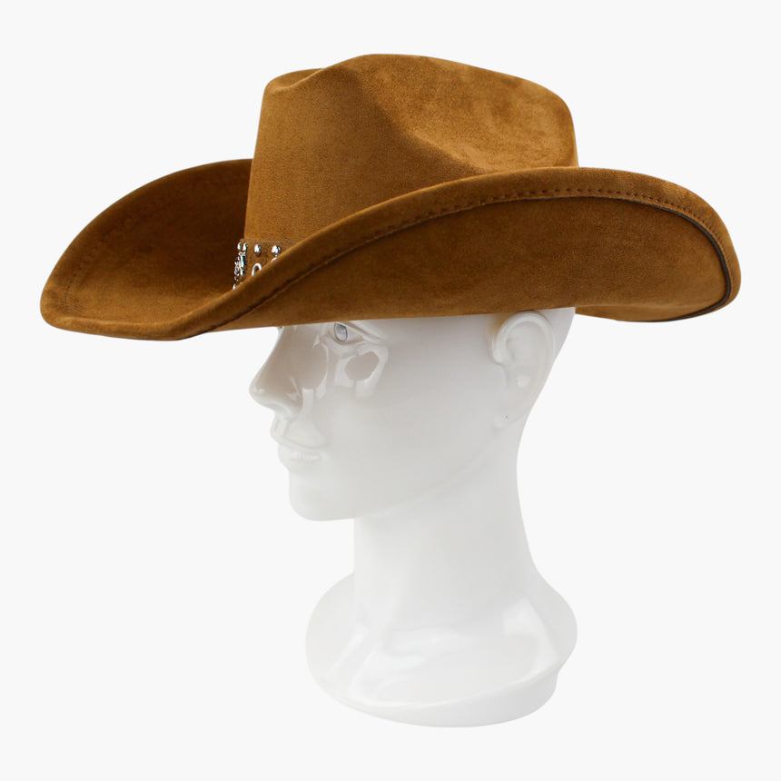 Rose-Applique Faux-Suede Western hat, Camel colorway in profile showing the darker piping following the rolled brim edge