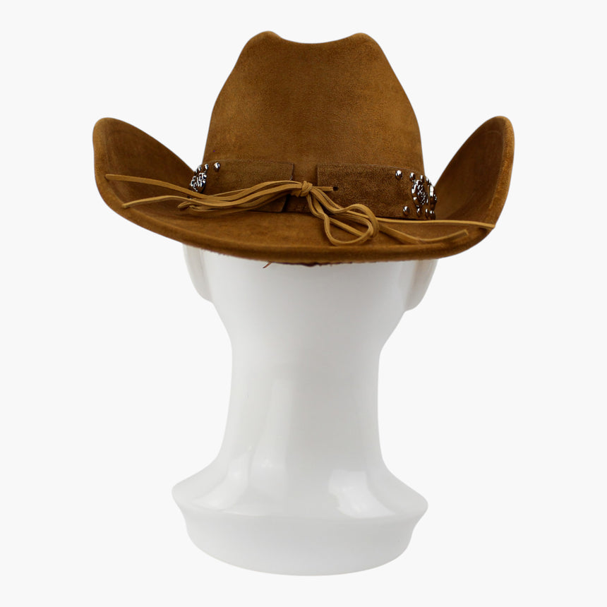 Rose-Applique Faux-Suede Western hat, back view of the Camel colorway showing the tie cord knotted with long tails