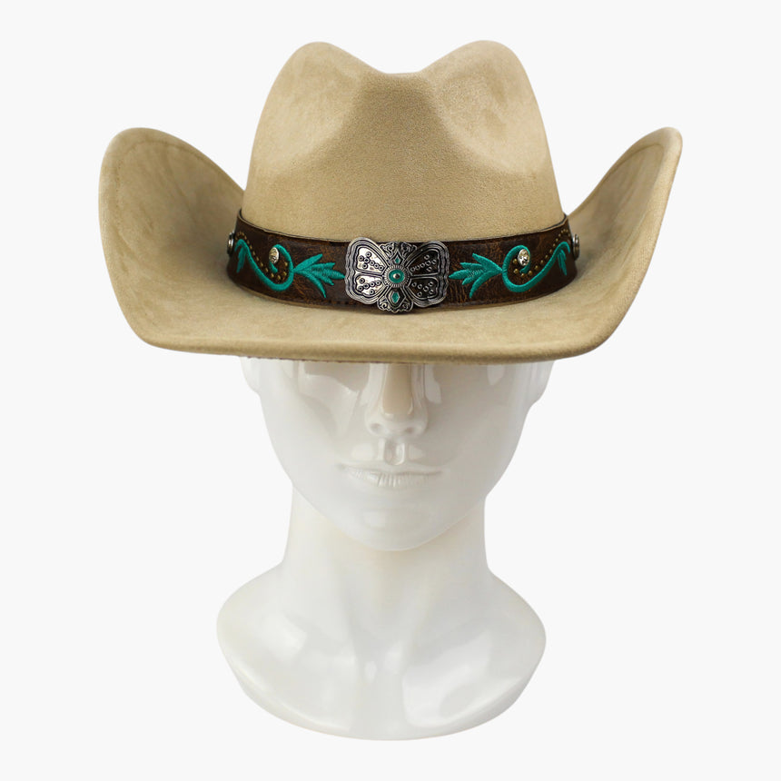 Rose-Embroidered Faux-Suede Western hat, front view of the Sand colorway showing the concho with its turquoise-dot center