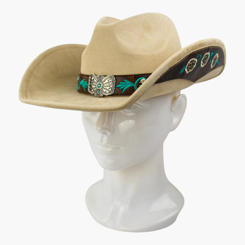 Rose-Embroidered Faux-Suede Western hat, Sand colorway at a three-quarter angle showing the rose-embroidered brim panel