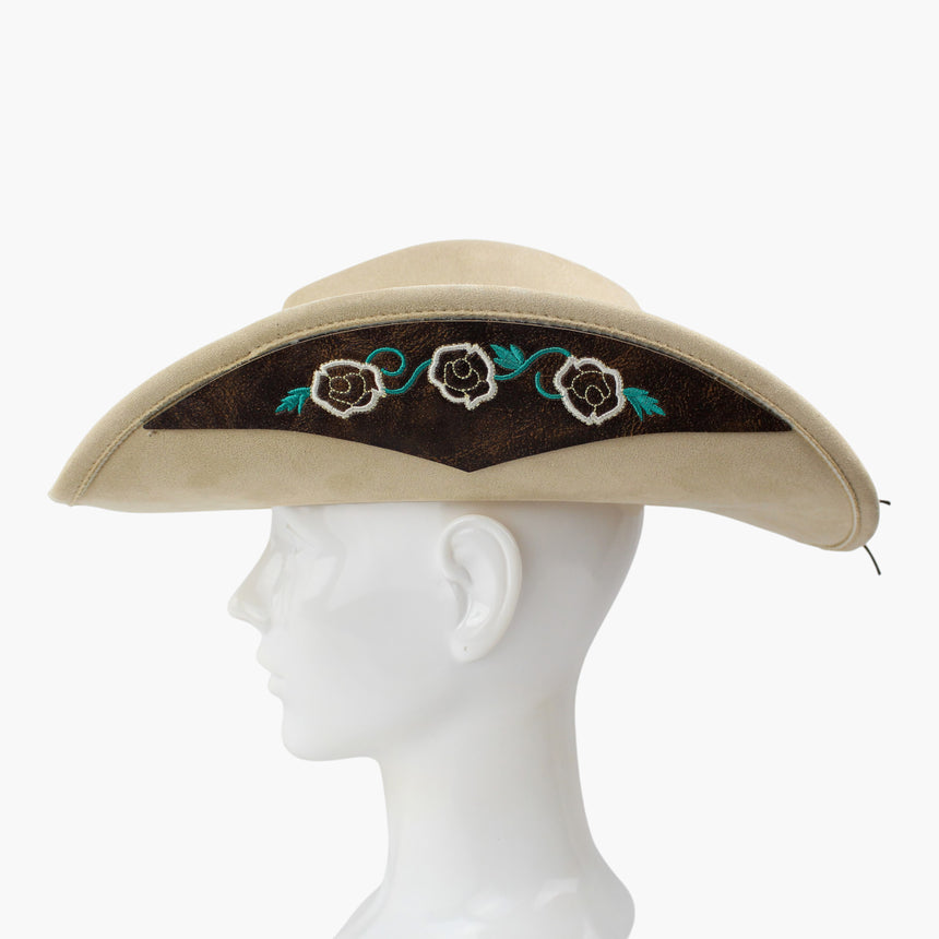 Rose-Embroidered Faux-Suede Western hat, Sand colorway in profile showing the three cream roses along the brim panel
