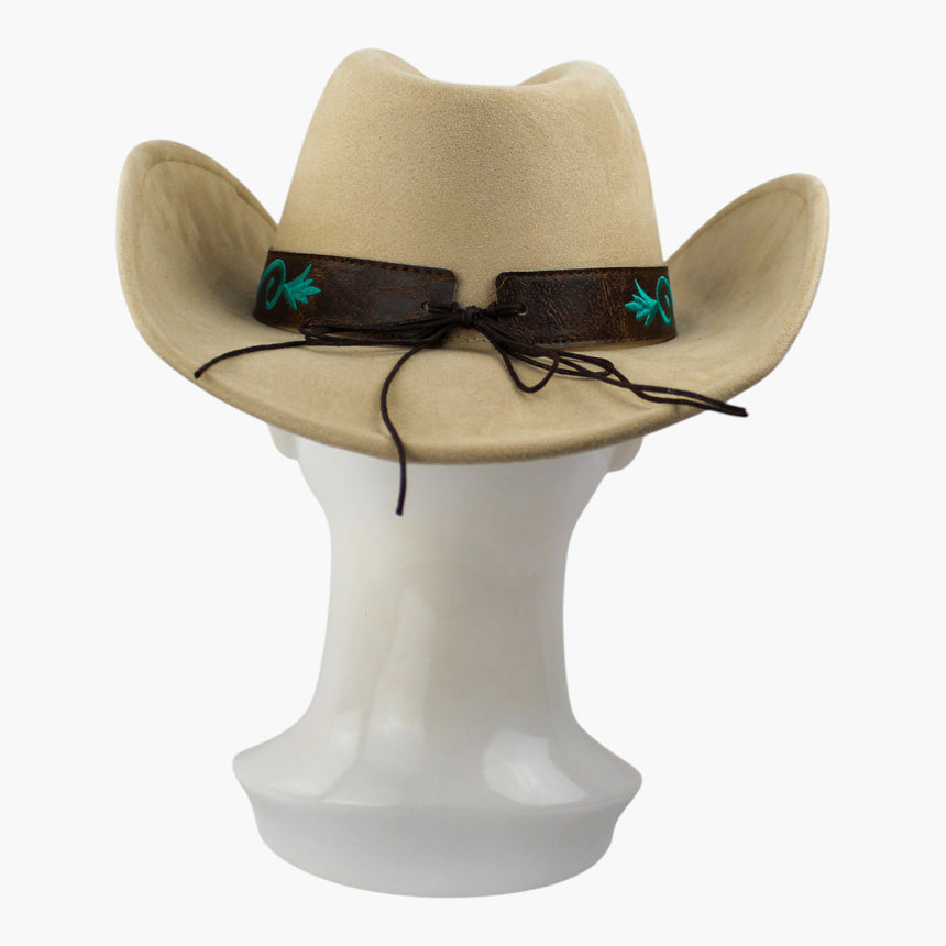 Rose-Embroidered Faux-Suede Western hat, back view of the Sand colorway showing the cord ties knotted where the ends meet