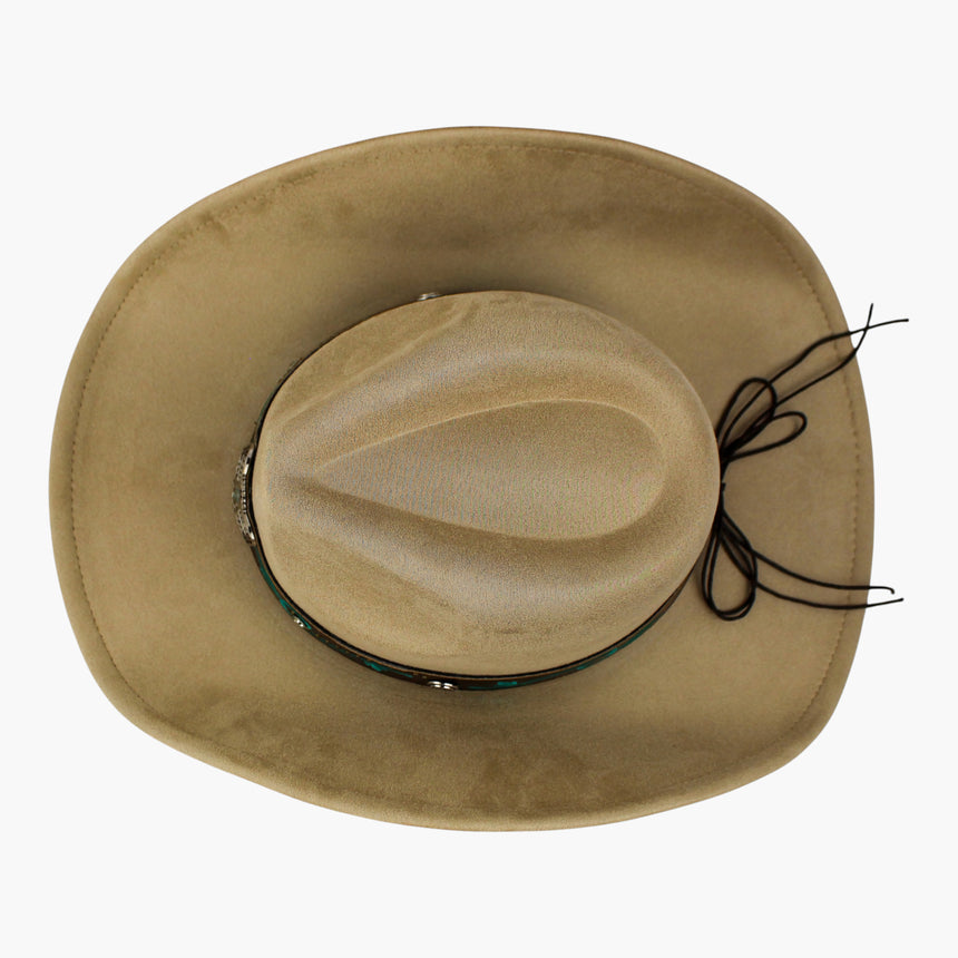 Rose-Embroidered Faux-Suede Western hat, Sand colorway seen from above showing the cattleman crease and the cord tails