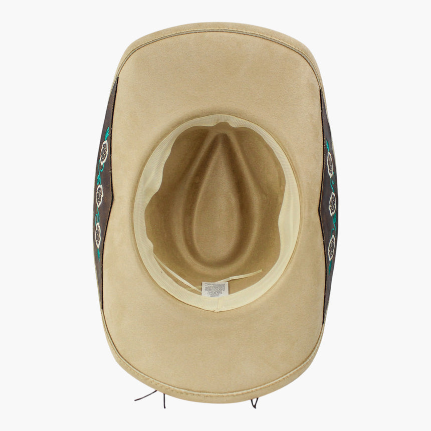 Rose-Embroidered Faux-Suede Western hat, underside of the Sand colorway showing the cream sweatband and the rose panels