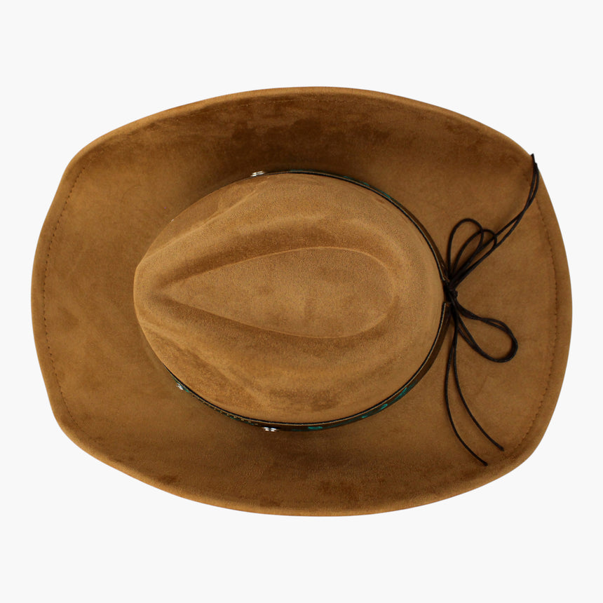 Rose-Embroidered Faux-Suede Western hat, Camel colorway seen from above showing the studs and concho at the crown base