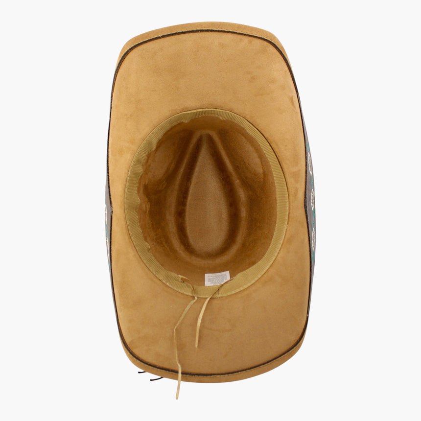 Rose-Embroidered Faux-Suede Western hat, underside of the Camel colorway showing the tan sweatband and the adjuster cord