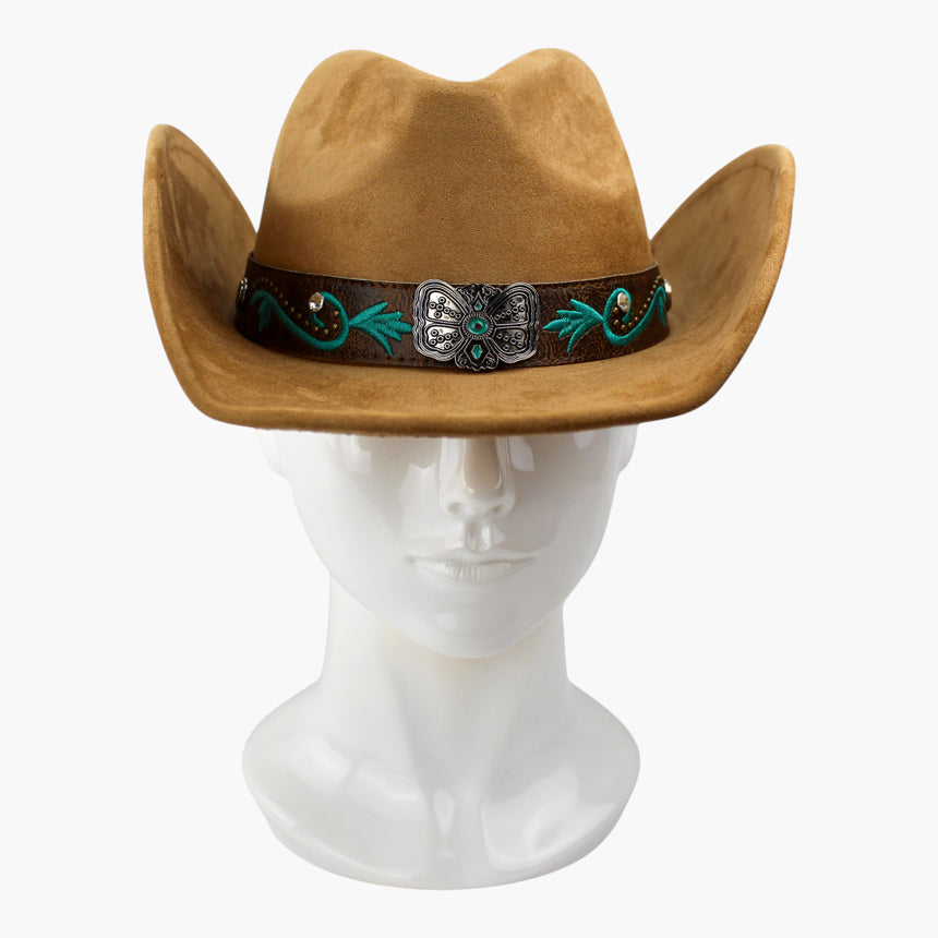 Rose-Embroidered Faux-Suede Western hat, front view of the Camel colorway showing the rhinestone studs between vine scrolls