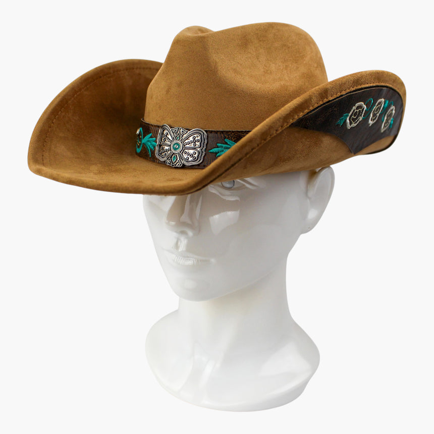 Rose-Embroidered Faux-Suede Western hat, Camel colorway at a three-quarter angle showing the vine scrolls curling rearward