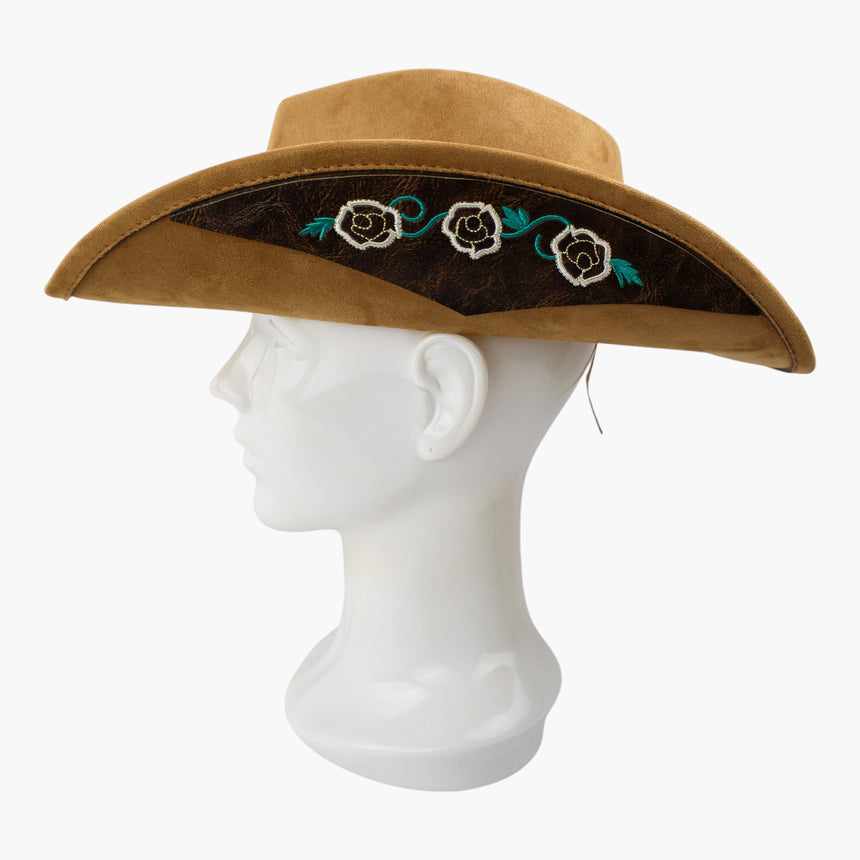 Rose-Embroidered Faux-Suede Western hat, Camel colorway in profile showing the pointed dark inlay panel set into the brim