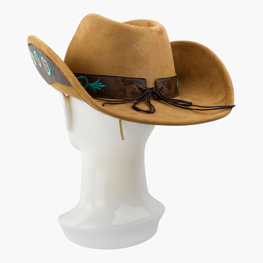 Rose-Embroidered Faux-Suede Western hat, Camel colorway at a rear three-quarter angle showing the cord ties bowed at the back