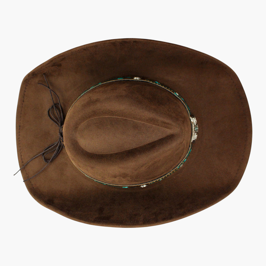 Rose-Embroidered Faux-Suede Western hat, Brown colorway seen from above showing the depth of the crown crease from overhead