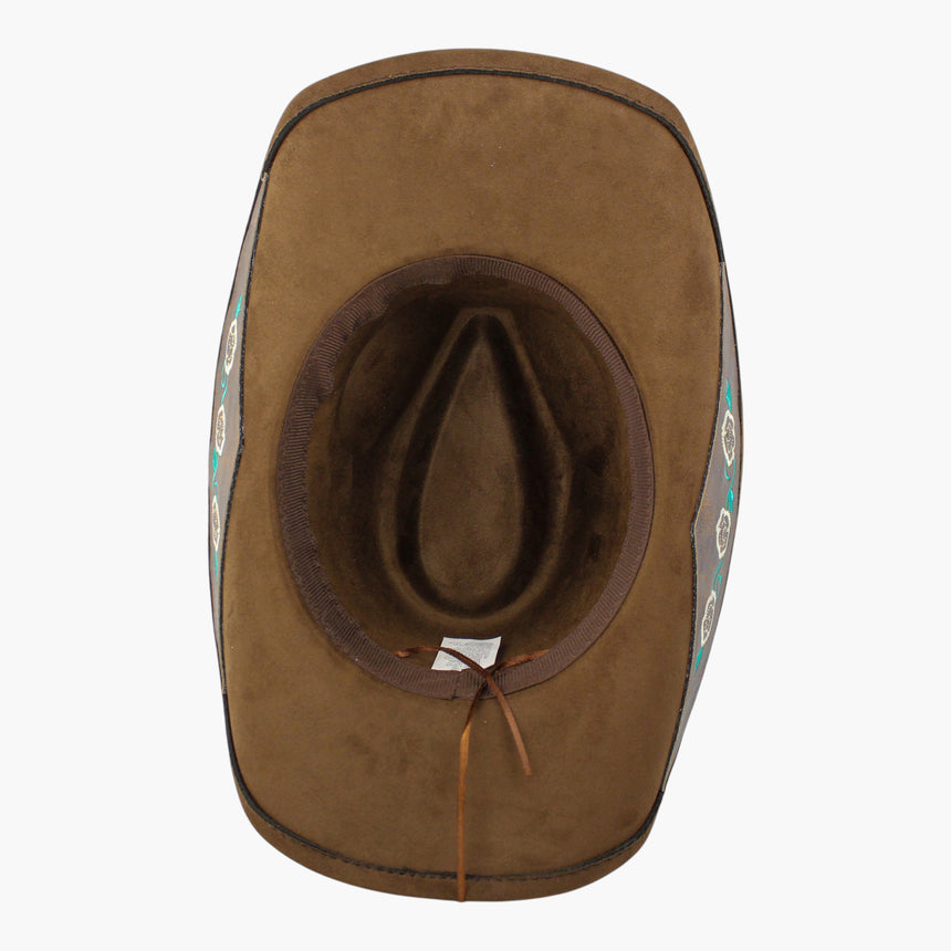 Rose-Embroidered Faux-Suede Western hat, underside of the Brown colorway showing the brown sweatband with its care label