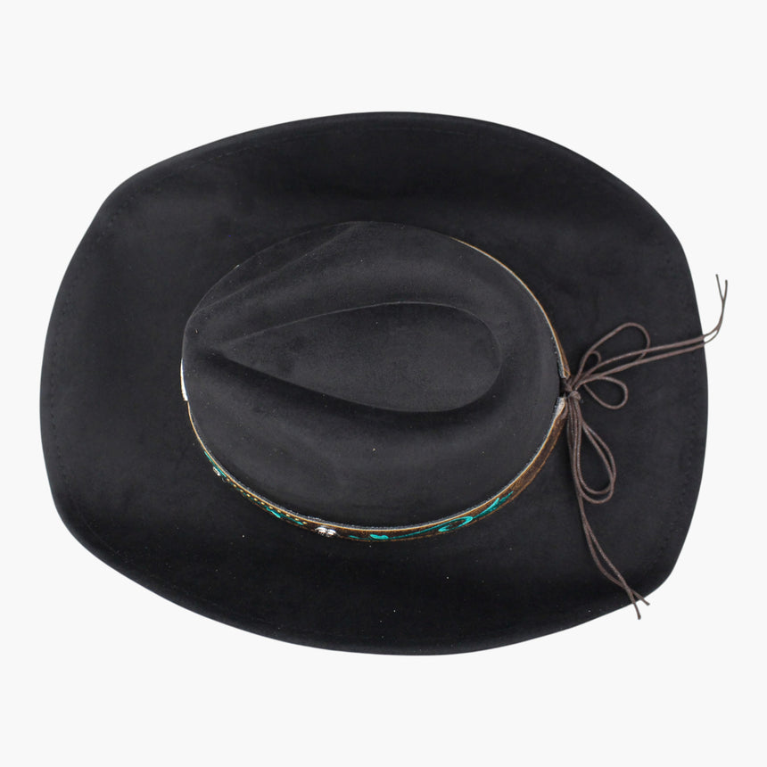 Rose-Embroidered Faux-Suede Western hat, Black colorway seen from above showing the cord tie bow lying flat across the brim