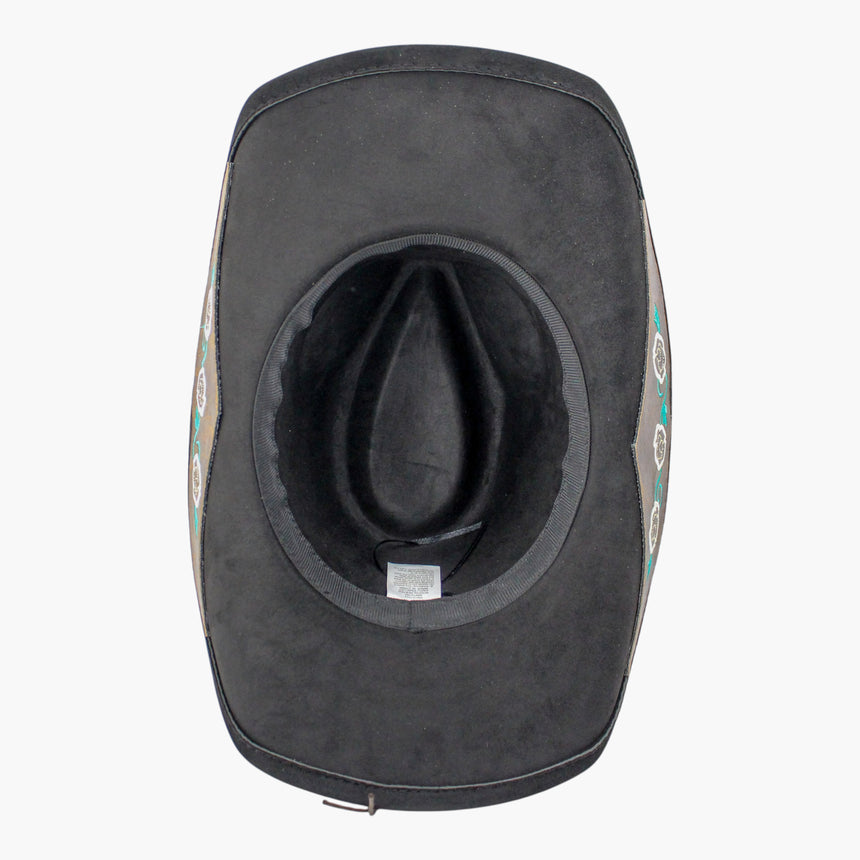 Rose-Embroidered Faux-Suede Western hat, underside of the Black colorway showing the black sweatband at the crown opening